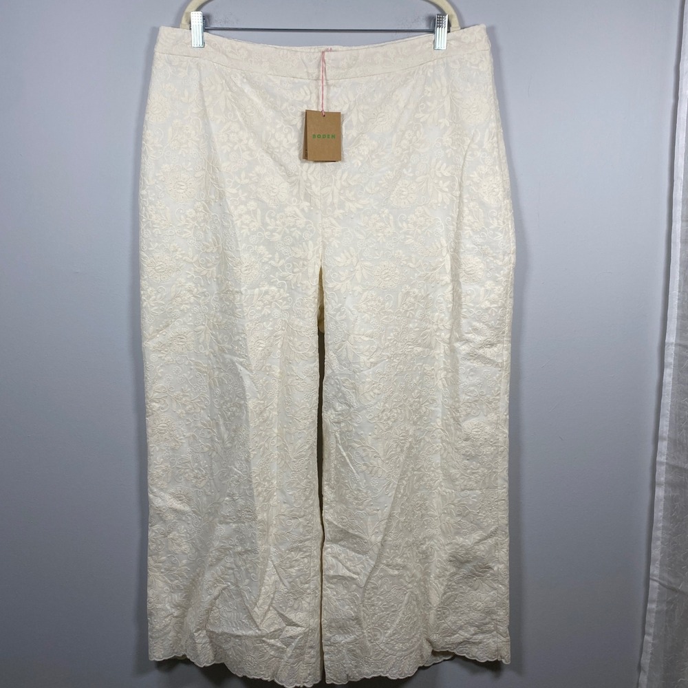 Boden Wide Leg Trousers Womens 16 18 Cream Embroidered Scallop‎ Hem Coastal Boho